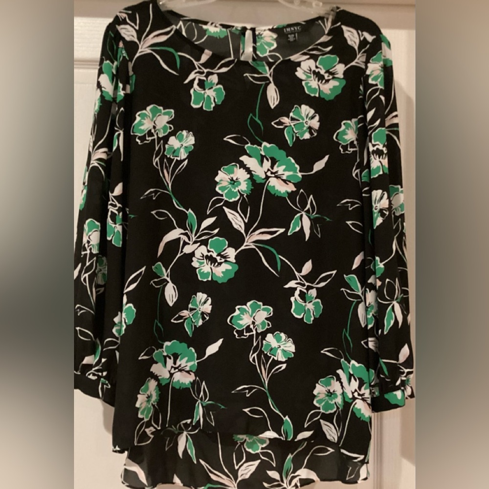 IMNYC Isaac Mizrahi Black Green White Floral Chiffon Semi-Sheer Top Blouse XL